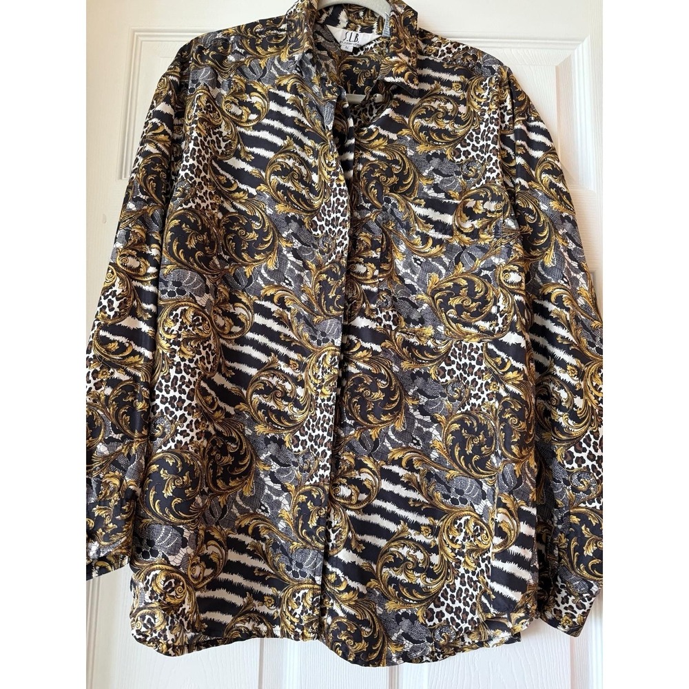 Vintage S.L.B. Sunny Leigh Silk Shirt Baroque Animal Print Blouse Gold Chain L